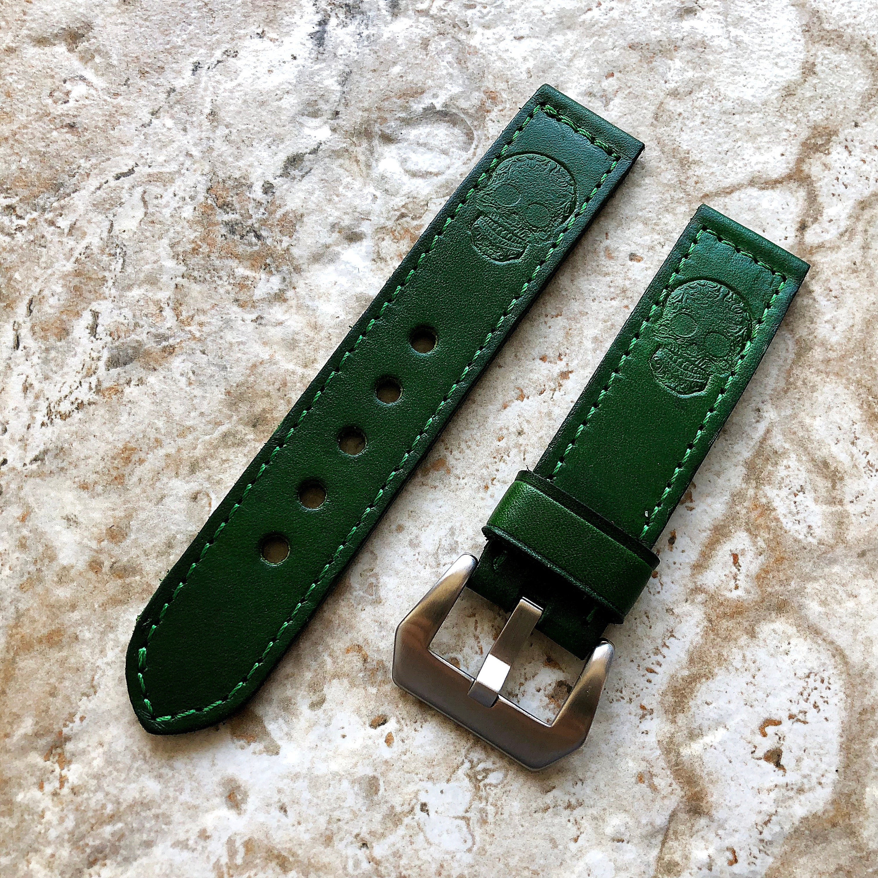 Limited New Green Skull Band 22mm 24mm 25mm Compatible with Apple Watch Fitbit Versa 2 3 4 Sense 2 Ionic Embossed Leather Handmade Strap